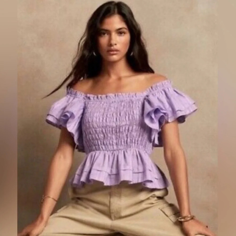 Banana Republic Lavender Off-Shoulder Smocked Peplum Top